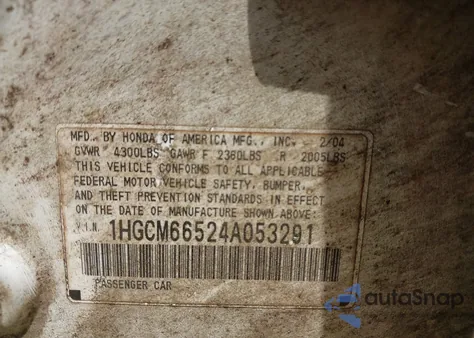 2004 Honda Accord 3.0 Ex из США, поврежденный, VIN 1HGCM66524A053291